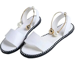 Flat Beaded Faux Pearl Strap Decor White Comfy Sandals size 43 UK 11 US …